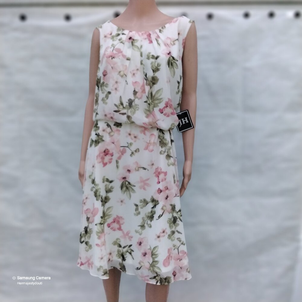 JH Ivory Floral Fit & Flare Lined Sleeveless Tie Belt Midi Dress NWT 22W